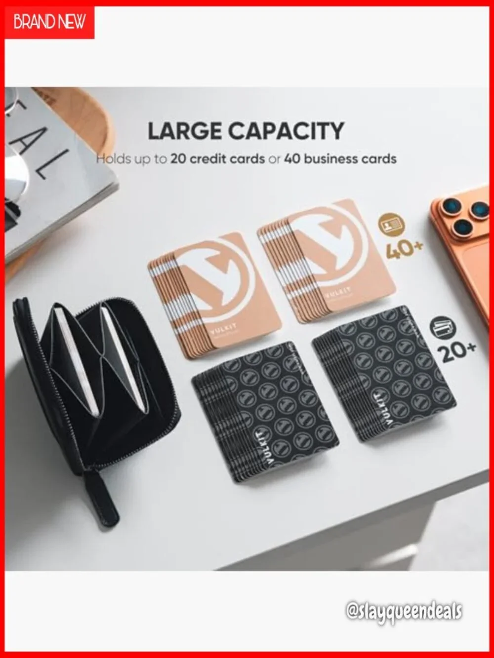 Slim RFID Blocking Zipper Card Holder, Vegan Leather, Large Capacity